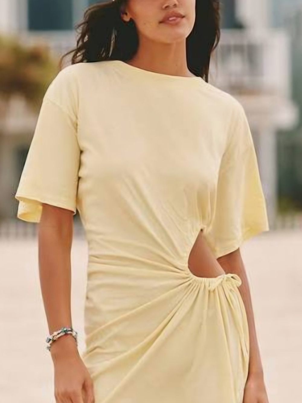 Anthropoligie Yellow Cutout Ruched Dress